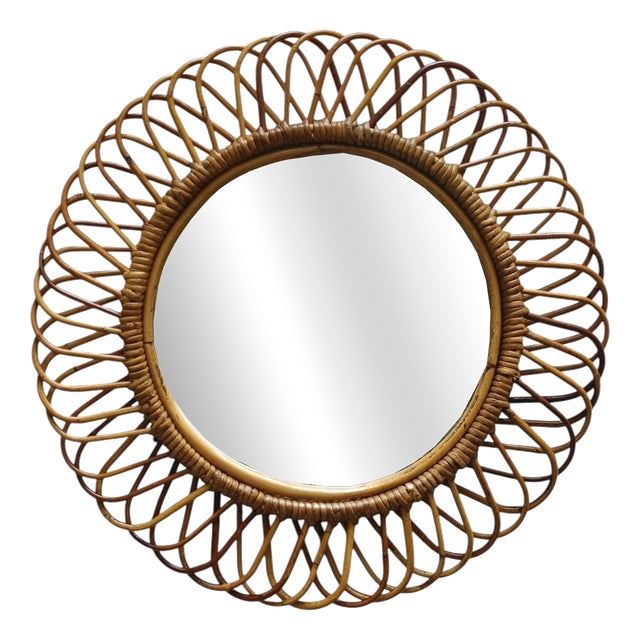 Round Rattan and Bamboo Wall Mirror attributed to Franco Albini, 1960s For Sale