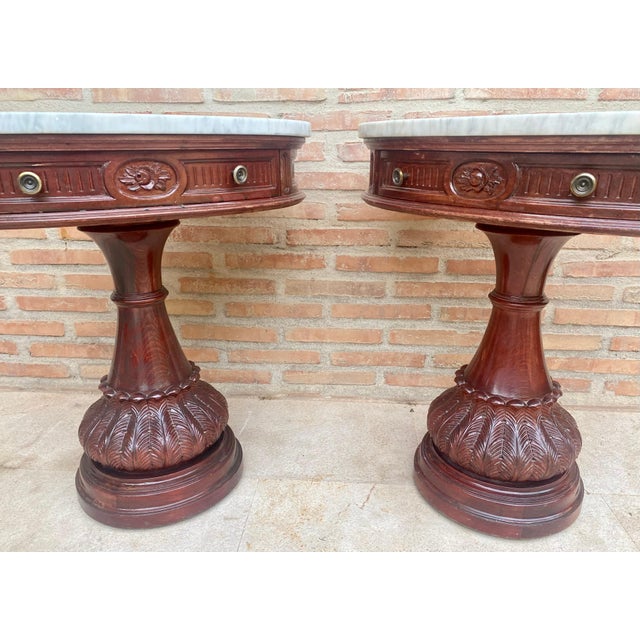 Mid 20th Century Carved Wood Demi Lune Nightstands with Marble Top, 1940, Set of 2 For Sale - Image 5 of 18