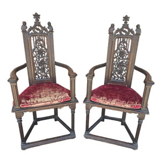 Great Pair of 19th Century Oak Gothic Revival Tall Armchairs C. 1840 For Sale