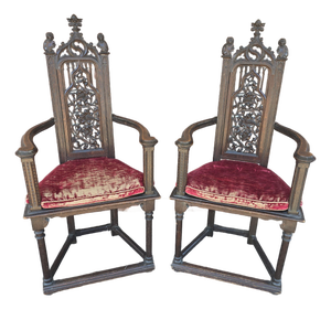 Great Pair of 19th Century Oak Gothic Revival Tall Armchairs C. 1840