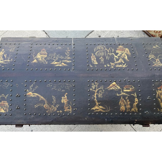 Antique Chinoiserie Decorated Leather Trunk on Stand For Sale - Image 9 of 9