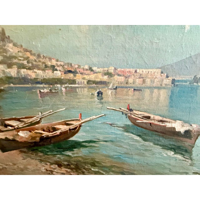 Cerulean Vintage Bay of Naples Vesuvius Oil Painting For Sale - Image 8 of 10