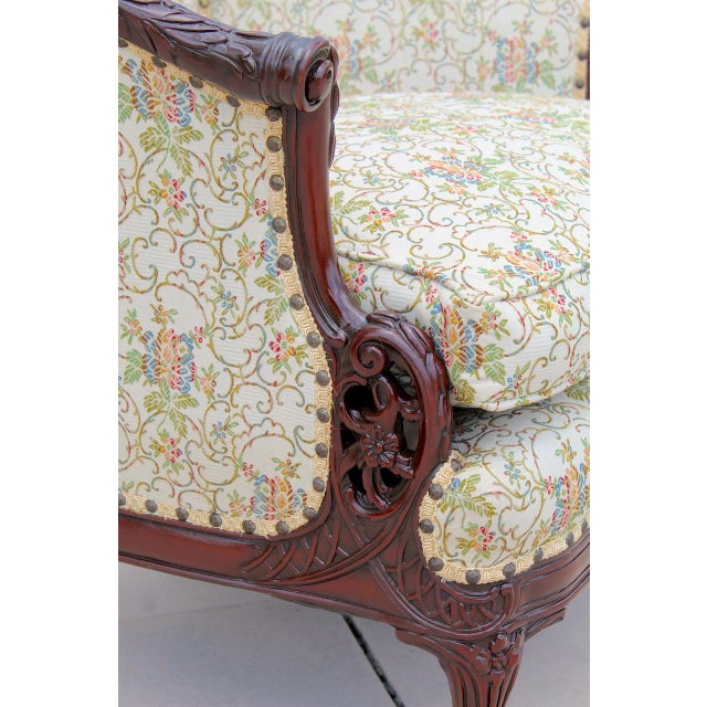 Antique French Louis XV Style Bergère Armchair – Hand-Carved Mahogany, Tufted Floral Upholstery, C. Late 19th Century For Sale - Image 12 of 18
