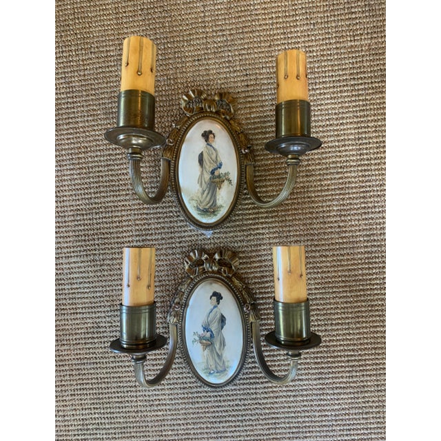 Brass and Hand Painted Wall Sconces Circa 1910 - a Pair For Sale - Image 10 of 10
