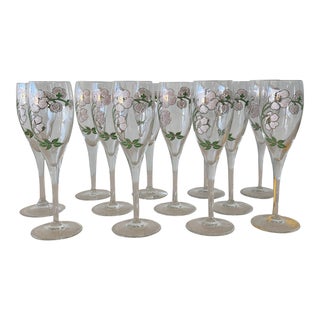 1980s Perrier Jouet Belle Epoque Champagne Flutes Gold Pink Flowers France- Set of 12 For Sale
