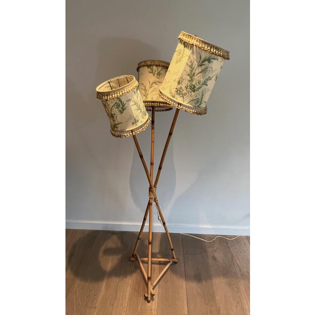 1970s 3-light Floor Lamp in Bamboo and Rope. French Work in the Style of Audoux Minet For Sale - Image 11 of 12