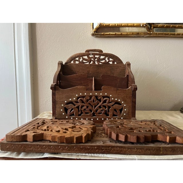 Vintage Hand Carved Wood Desk Set Abacus Expanding Book Rack Letter Opener - Set of 5 For Sale - Image 14 of 15