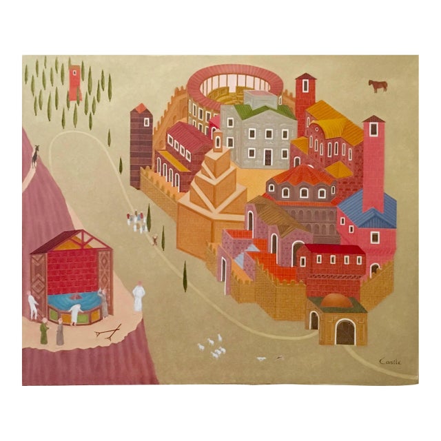 Philip Castle, Fantastic Village Scene Modern Irish Magic Realism Oil Painting For Sale