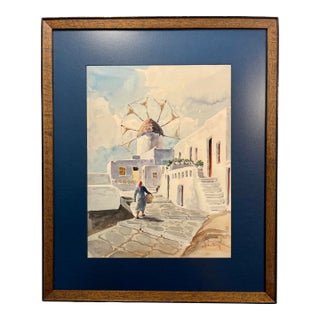 Vintage Original Watercolor Painting "Mykonos Windmills " Signed, Framed For Sale
