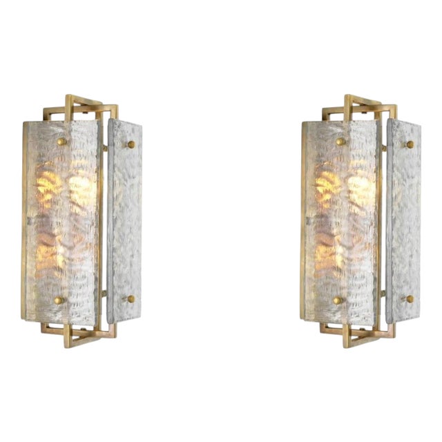 Vintage Brass and Handmade Glass Wall Lamps, Set of 2 For Sale