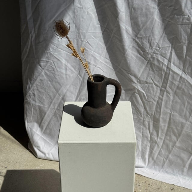 Black Ceramic Soliflore Vase with Indonesian Terracotta Handle, 1980s For Sale - Image 9 of 9