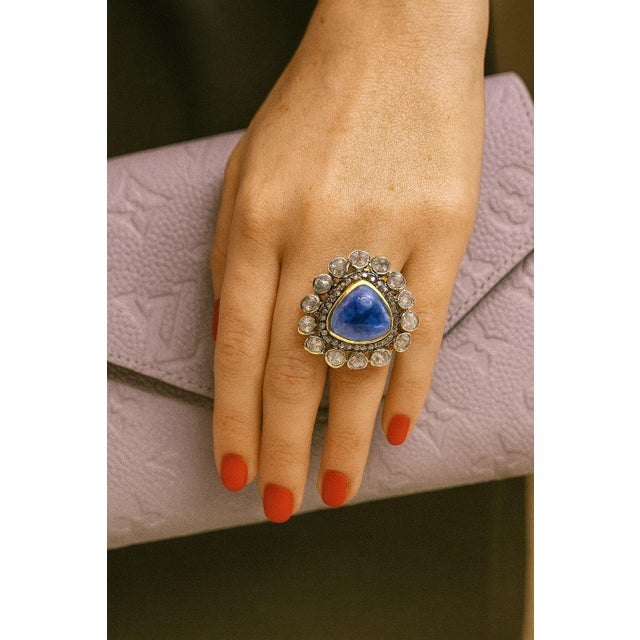 Bochic “Orient” Vintage Rose Cut Diamond & Tanzanite Ring Set 18K Gold & Silver For Sale - Image 4 of 16
