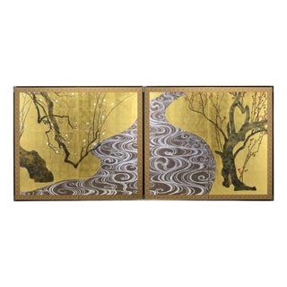 Made-to-Order Japanese Two-Panel Folding Screen “Red & White Plum Blossoms” Inspired by Ogata Kōrin | Hand-Applied Kanazawa Gold & Silver Leaf For Sale