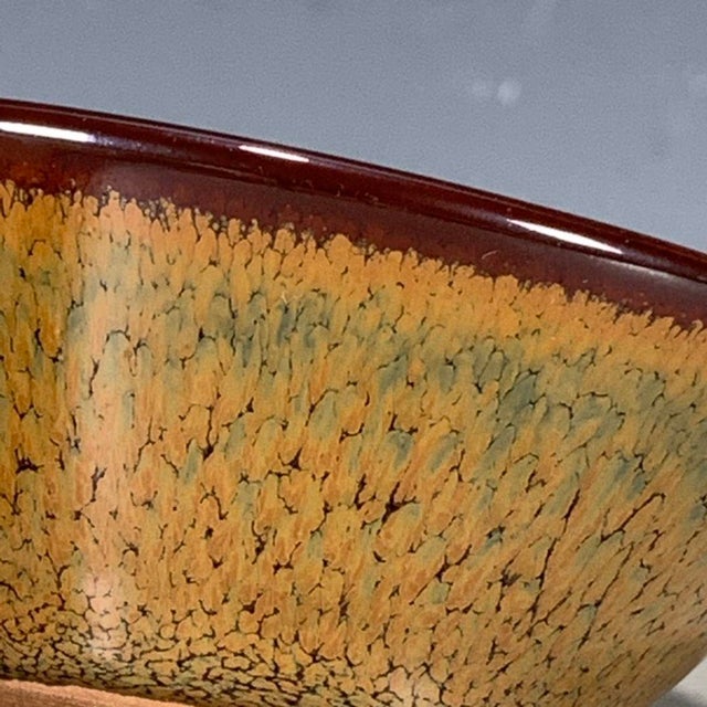 Dark Green Vintage Traditional Jun-Style Flambé Glazed Porcelain Bowl – Mottled Earth Tone Glaze For Sale - Image 8 of 9