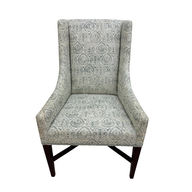 Beautiful, heavy hostess chairs with mahogany legs. Details: Covered in Rose Tarlow Montague in Sky/Natural, self welt,...