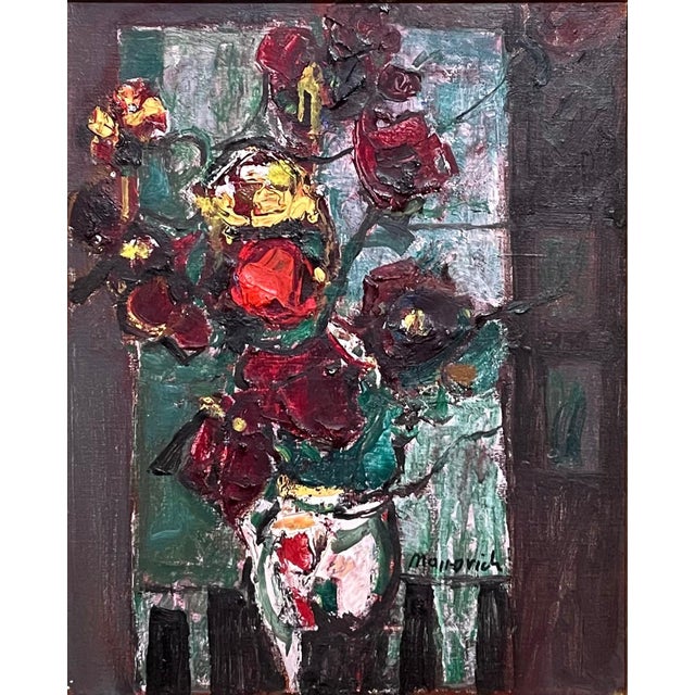 Abstract Zvi Mairovich, Polish Israeli Abstract Flowers Tel Aviv Modernist Vibrant Floral Oil Painting For Sale - Image 3 of 6