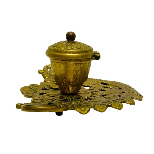 1900 - 1909 Antique Ornate Art Nouveau Brass Inkwell For Sale - Image 5 of 7