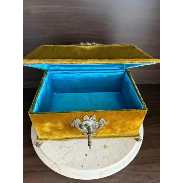 Antique French style Victorian jewelry wooden box “Boudoir” or sewing box in mustard/ golden yellow velvet and inside has...