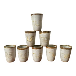 Wheel Thrown Omega Horseshoe Signed Potter Cups - Set of 8 For Sale