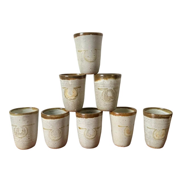 Wheel Thrown Omega Horseshoe Signed Potter Cups - Set of 8 For Sale