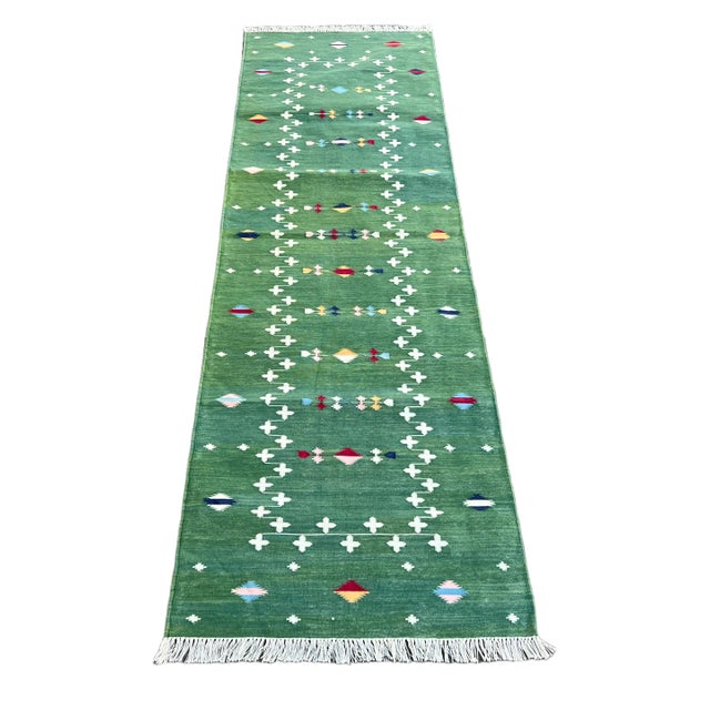 Handmade Cotton Dhurrie Vegetable Dyed Forest Green Shooting Star Runner- 3'x14' For Sale - Image 9 of 11