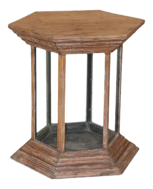 Vintage Teak Wood and Glass Display Hexagon Side Table
