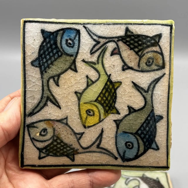 19th Century Vintage Persian Swimming Fish Tiles 4" X 4" - Set of 3 For Sale - Image 5 of 10