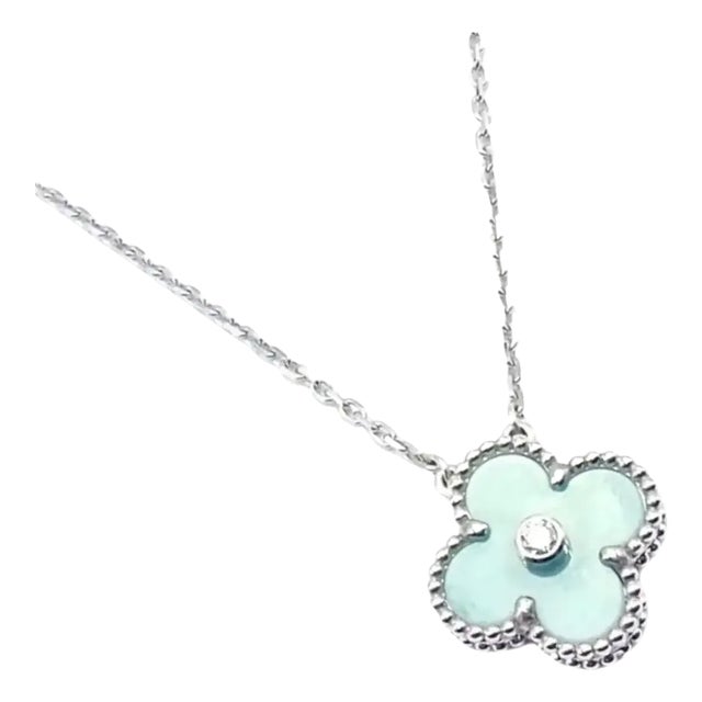 Van Cleef & Arpels Diamond Celadon Sevres Porcelain White Gold Alhambra Necklace For Sale