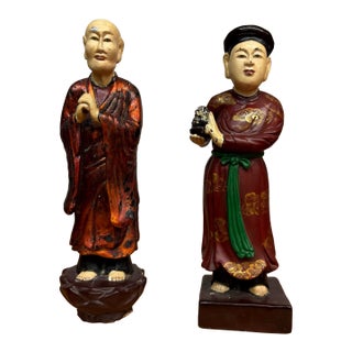 Vintage Vietnamese Cultural Figurines – Pair of Hand-Painted Statues From Hanoi For Sale