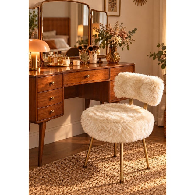 A glamorous dressing chair from the 1960s-1970s, featuring a circular seat and a rectangular back with rounded corners,...