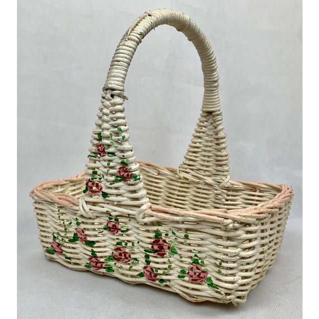White Hand Woven Vintage White Wicker Handled Basket With Hand Painted Roses & Leaves For Sale - Image 8 of 8