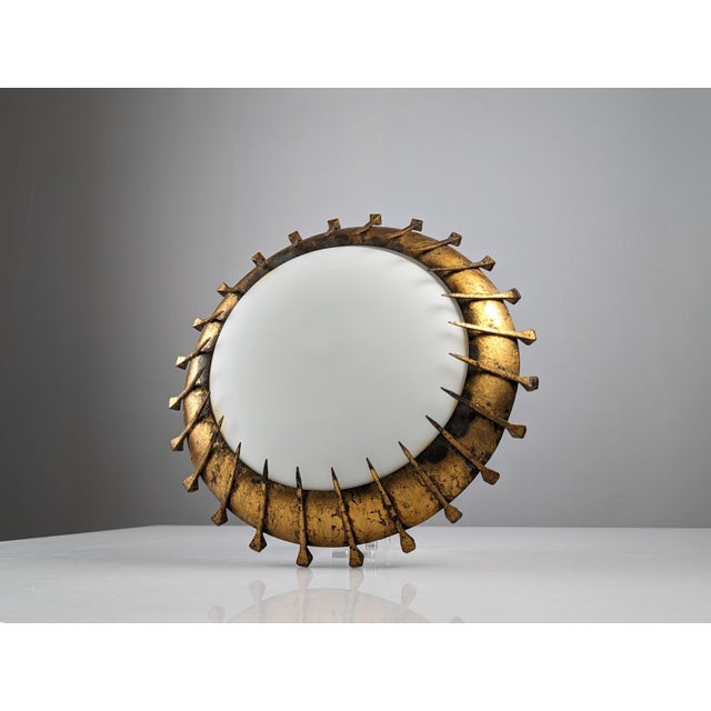 Forged Nails Sun Lamp in Gold Leaf and Milk Glass, France, 1950s For Sale - Image 4 of 9