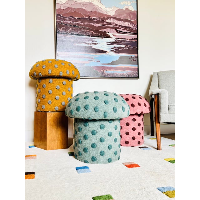 Mushroom Ottoman in Wool Jade Dot For Sale - Image 11 of 15