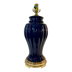 Vintage Hollywood Regency Cobalt Blue Fluted Ginger Jar Table Lamp on Brass Stand
