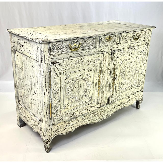 French Provincial Period French Provincial Louis XV White Washed Credenza or Sideboard For Sale - Image 3 of 18