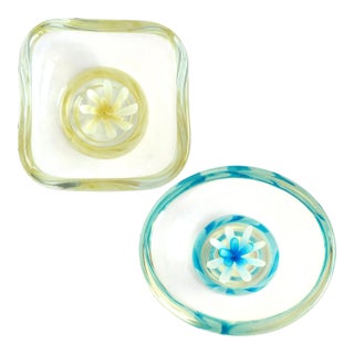 Vintage Murano Fratelli Toso Yellow Blue Italian Art Glass Flower Design Paperweight Bowls Catchalls - A Pair For Sale