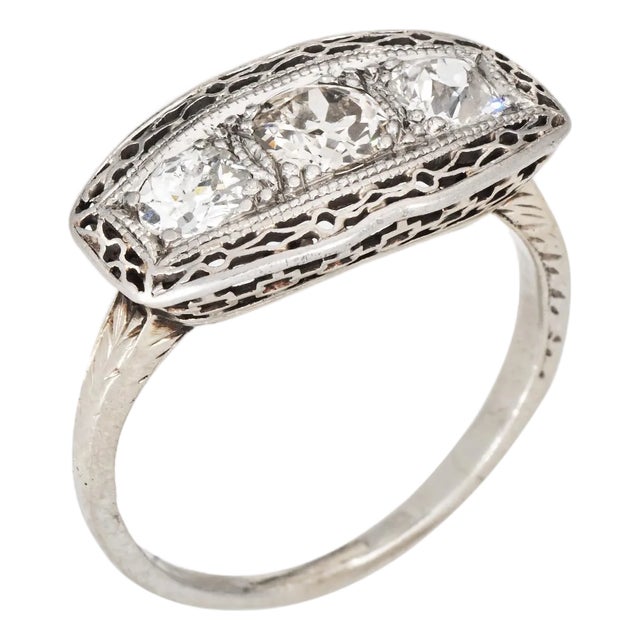 Early 20th Century Vintage Art Deco Diamond Ring Sz 5.5 10k White Gold 3 Stone Band Fine Jewelry For Sale