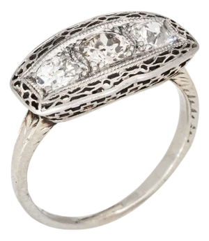 Early 20th Century Vintage Art Deco Diamond Ring Sz 5.5 10k White Gold 3 Stone Band Fine Jewelry