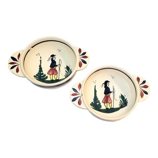 Early 20th Century Antique French Faience Breton Man Quimper Soup Bowls With Handles - Set of 2 For Sale