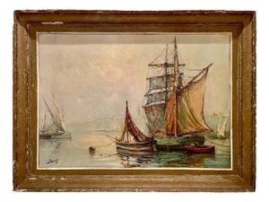 Maurice Barle, Sailboats in Provence, Oil Painting