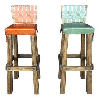 Pair of Ranch Oak Rustic Leather and Wood Bar Stools For Sale