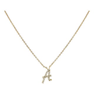 10K Yellow Gold Diamond Accent "A" Initial Script Style Pendant Necklace For Sale