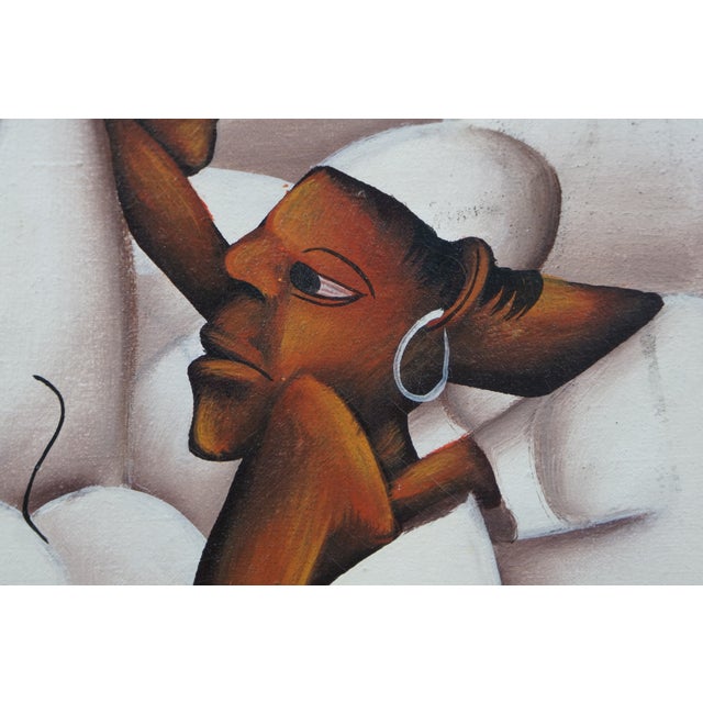 Textile Late 20th Century Jean Bruno Louisius Haitian Figures Dressed in White Oil Painting on Canvas 15" For Sale - Image 7 of 11