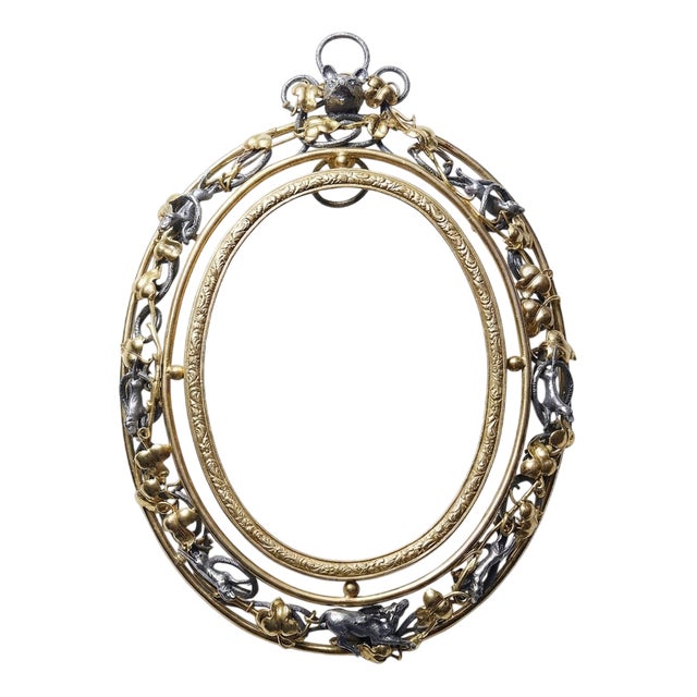 Antique Art Nouveau Metal Wall Frame with Hunting Scene Decoration and Openwork Relief, Late 19th Century For Sale