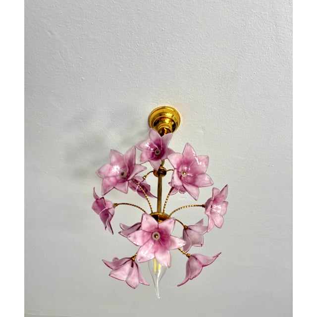 Vintage Italian Murano Style Hand-Painted Pink Floral Pendant Light, Romantic Glass Blossom Chandelier, Dramatic Ceiling Shadow Display For Sale - Image 14 of 17