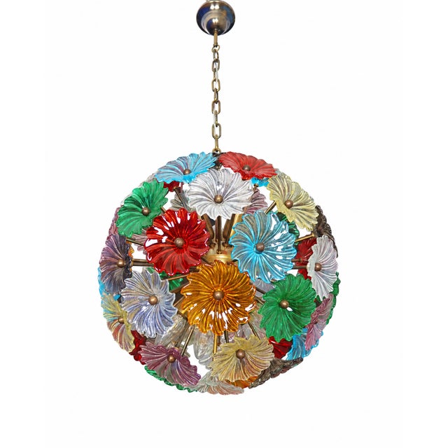 Sputnik Pendant Light with 51 Flowers in Multicolored Glass and Burnished Brass from Justfurnituress SRL For Sale - Image 6 of 11