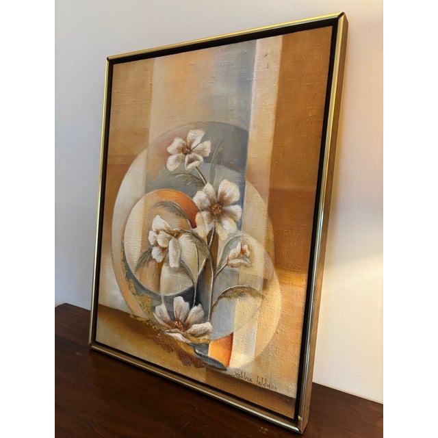 Paint Original Oriental Style Floral Painting With Gold Leaf, Dated 1981 Signed For Sale - Image 7 of 15