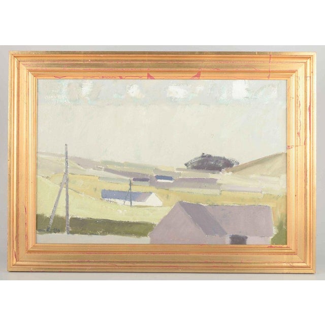 Leon Møller, Danish artist. Landscape with houses. Oil on canvas. An atmospheric landscape with houses, executed in...