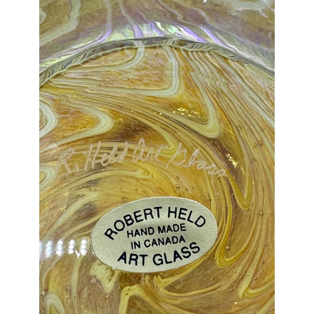 Glass Vintage Signed Robert Held Gold Iridescent Pulled Feather Glass Vase Hints of Lavender For Sale - Image 7 of 7