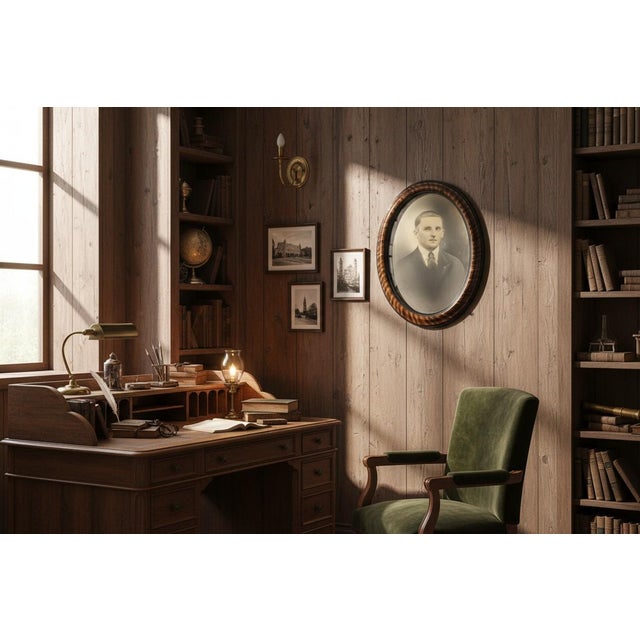 This striking antique oval picture frame features beautiful tiger stripe wood grain and retains its original convex glass,...